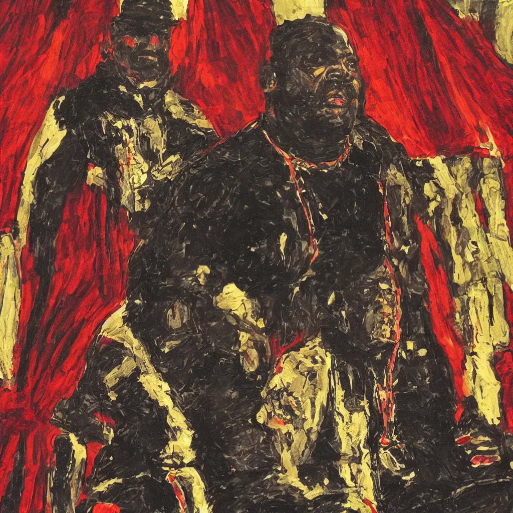 Image similar to style of frank miller, portrait of big black man sitting on throne, background made of big curtains