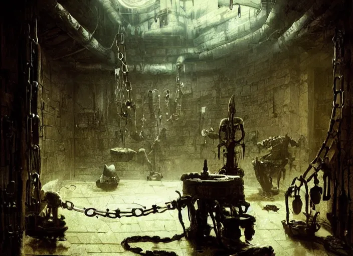 Image similar to torture dungeon room interior, chains, skulls, intricate, elegant, highly detailed, john park, frazetta, sparth, ruan jia, jeffrey catherine jones