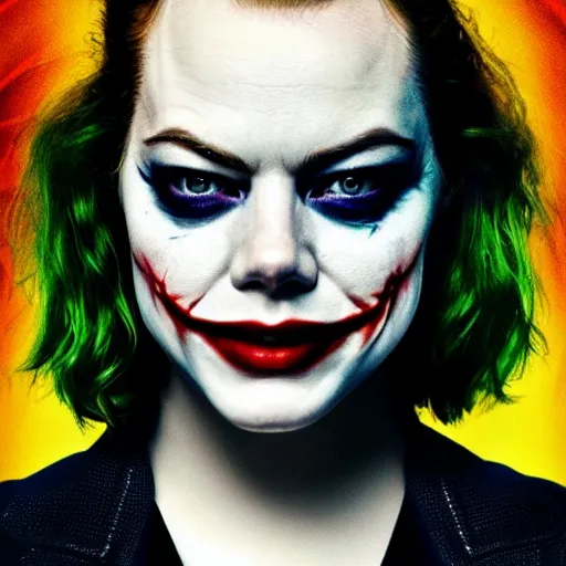 Prompt: breathtaking awe inspiring Emma Stone as The Joker 8k hdr movie poster