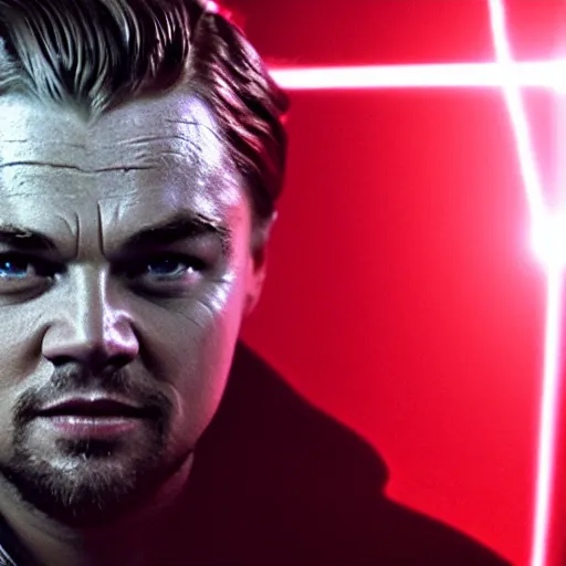 Image similar to still of leonardo dicaprio half cyborg, film grain, red glowing eyes, red lens flare