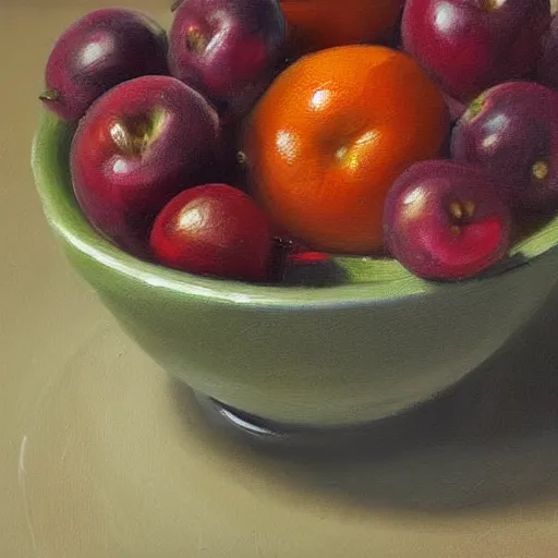 Prompt: a hyperrealistic painting of fruit in a bowl