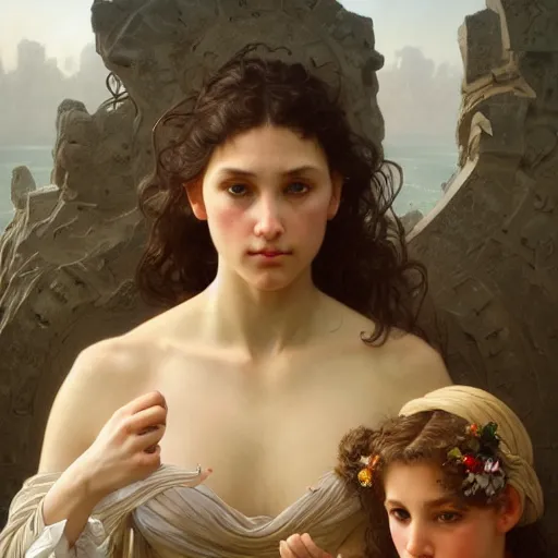 Prompt: portrait of a david and goliath, intricate, elegant, highly detailed, digital painting, artstation, concept art, smooth, sharp focus, illustration, art by artgerm and greg rutkowski and alphonse mucha and william - adolphe bouguereau