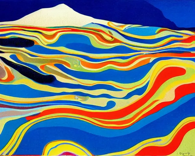 Image similar to A wild, insane, modernist landscape painting. Wild energy patterns rippling in all directions. Curves, organic, zig-zags. Saturated color. Mountains. Clouds. Rushing water. Wayne Thiebaud.