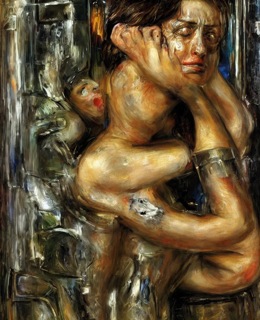 Image similar to art neuveau 8k photo of a cyborg woman crying in a fridge painte by John Everett Millais, Adrian Ghenie and Willem de Kooning