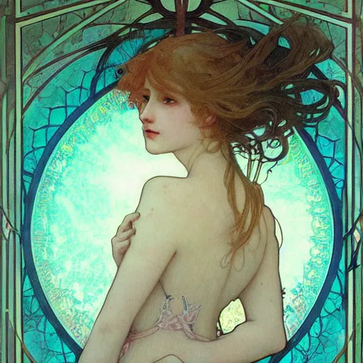 Image similar to girl in a long dress underwater, caustics, painting by Alphonse Mucha Ayami Kojima Amano Charlie Bowater