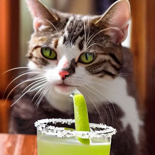 Image similar to a cat drinking a margarita