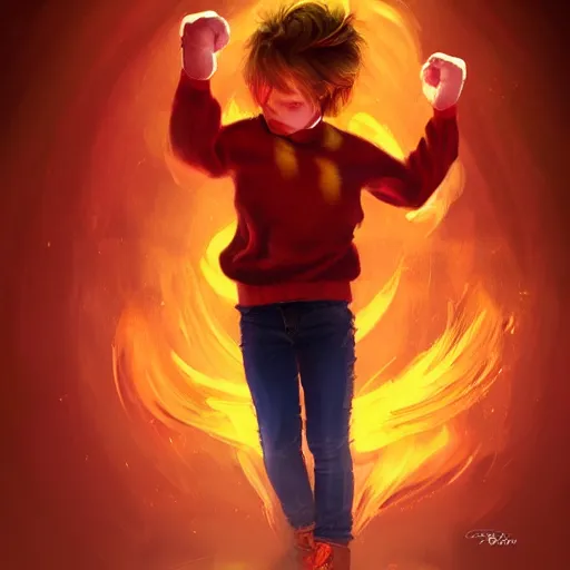 Prompt: colorful and festive captivating young child boy, brown fluffy hair, wearing red and yellow clothes, shooting a fire ball out of his fist. rich vivid colors, ambient lighting, dynamic lighting, 4 k, atmospheric lighting, painted, intricate, highly detailed by charlie bowater