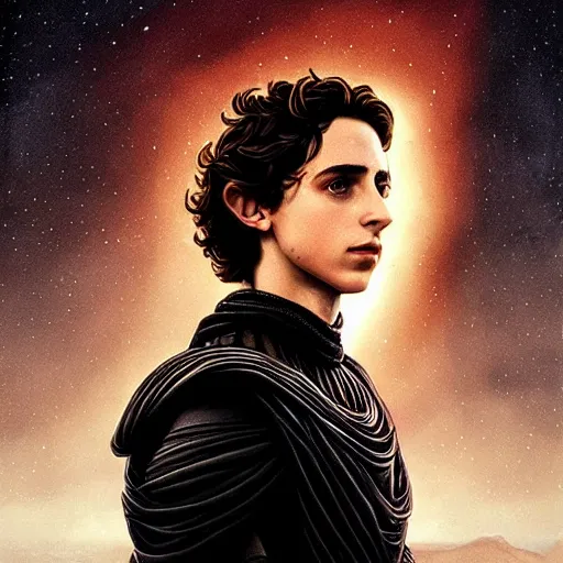 Prompt: realistic paul atreides emperor of the known universe, perfect dramatic and dark portrait by rabbitary b, trending on artstation, deviantart, dune, low angle oil painting and composition laws, dark foggy background, timothee chalamet, denis villeneuve cinematography