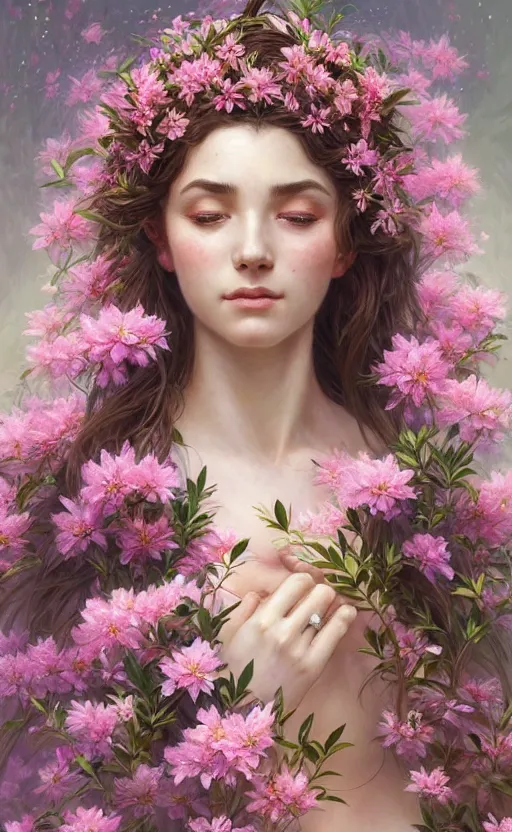 Image similar to portrait of a goddess of azaleas! covered in flowers!, half body, perfect face!!, d & d, fantasy, intricate, elegant, highly detailed, digital painting, artstation, concept art, smooth, sharp focus, illustration, art by artgerm and greg rutkowski and alphonse mucha