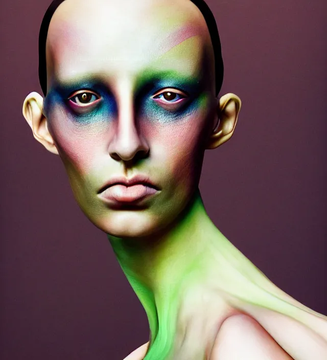 Image similar to photography facial portrait of female fashion model, wearing organic futurist clothed designed by iris van herpen, with a subtle colorfull - makeup. sky forest background, natural pose, highly detailed, skin grain detail, photography by paolo roversi, nick knight, helmut newton, avedon, araki