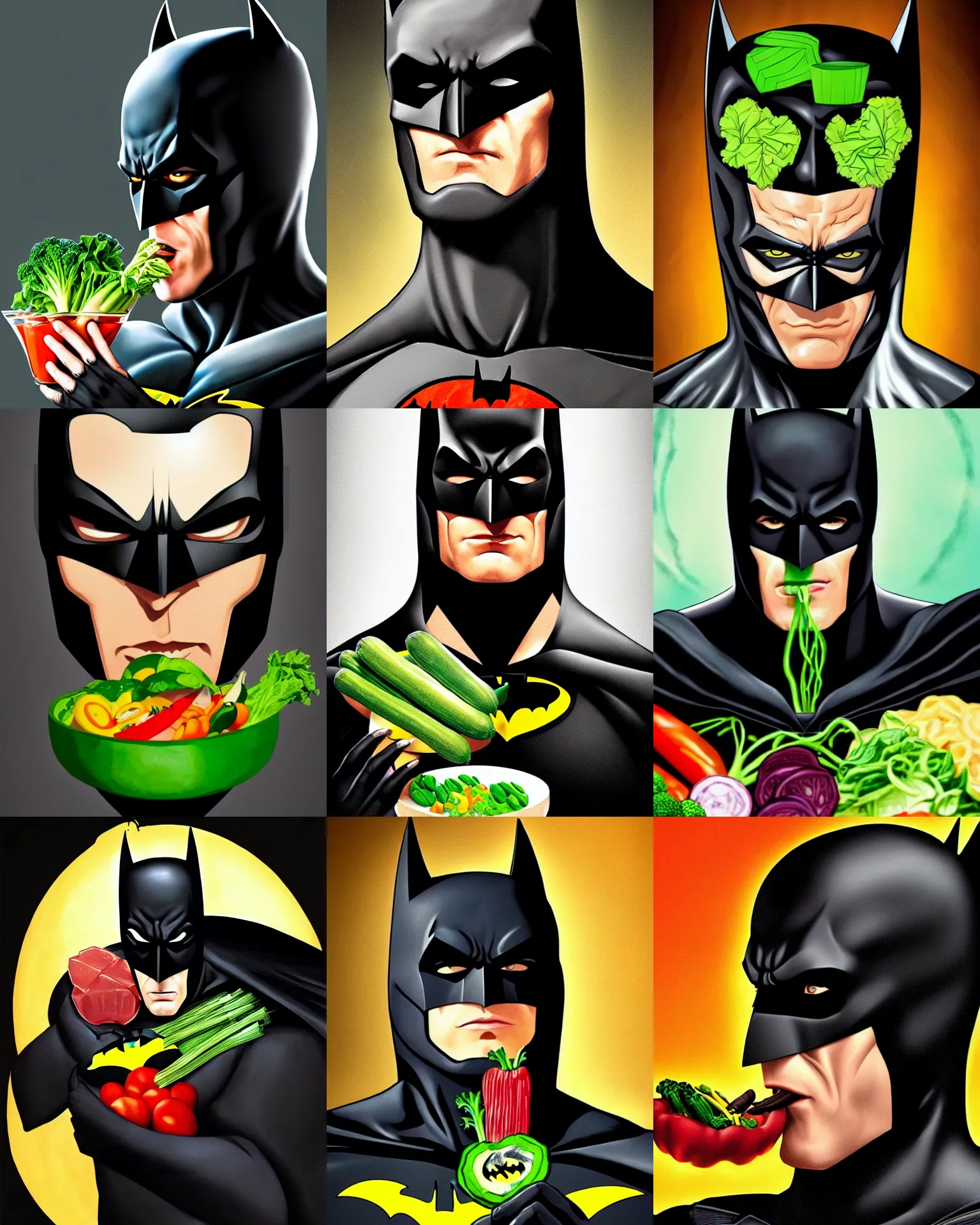 Image similar to A stunning portrait of Batman eating vegetable, masterpiece, Trending on Artstation, 8K