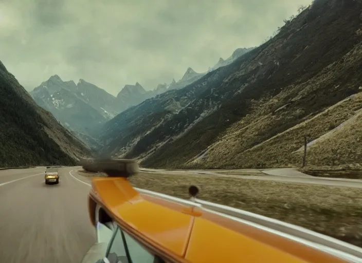 Image similar to A very high resolution image from a new movie, landscape from a car window , mountains, raining, hot, directed by wes anderson