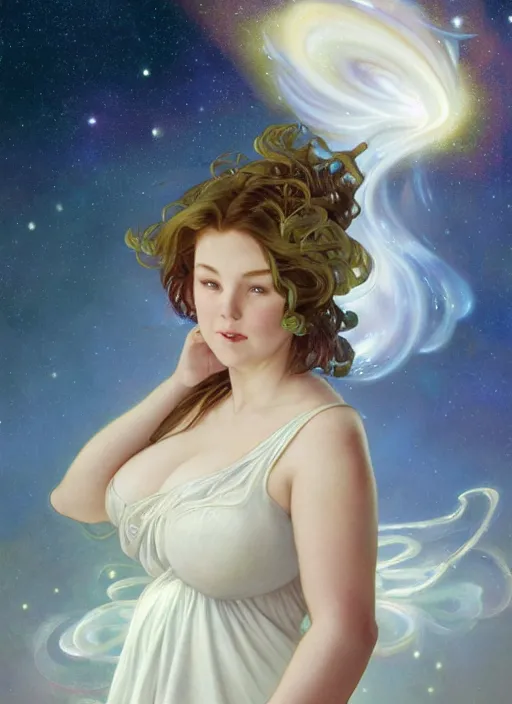 Prompt: a chubby white woman with pointed ears, wearing a white sundress, and a swirling sparkling cloud nebula for hair, realistic painting by ross tran and gerald brom and alphonse mucha, ilya kuvshinov, svetlana tigai, artgerm, trending on artstation