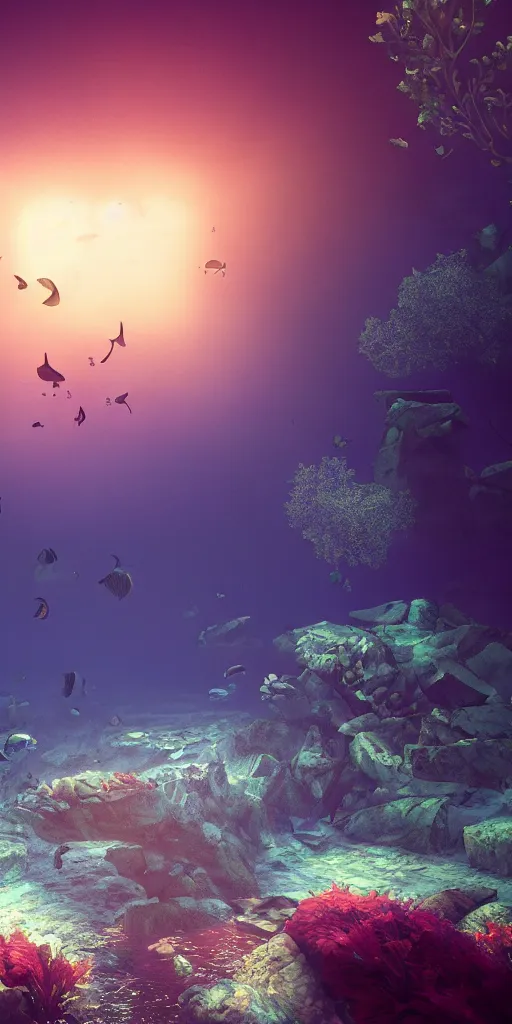 Image similar to A underwater world, digital art, trending on artstation, award winning, 8k, volumetric lighting