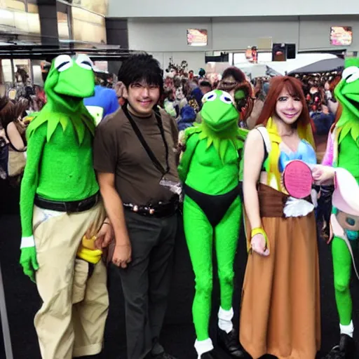 Image similar to kermit the frog cosplayers at a cosplay meet up in a anime convention