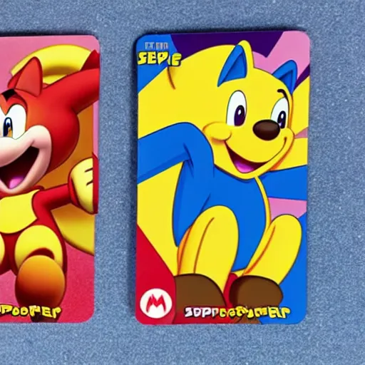 Image similar to photograph of winnie the pooh and super mario and sonic the hedgehog anime style, on pokemon card packs at target