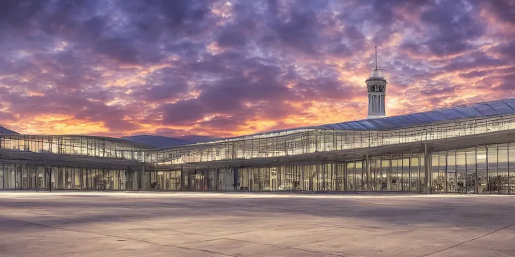 Image similar to extremely detailed ornate stunning sophisticated beautiful elegant victorian airport exterior by Henry Young Darracott Scott and Francis Fowke, stunning volumetric light, stainless steal, concrete, translucent material, beautiful sunset, tail lights