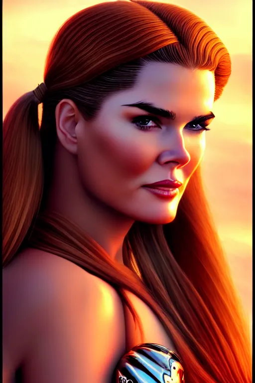 Image similar to mix of beautiful young maria shriver, mariel hemmingway, brooke shields, nicole kidman and elle macpherson as a young amazon warrior, thin lips, hair tied up in a pony tail, dark blonde hair, colorful, artstation, cgsociety