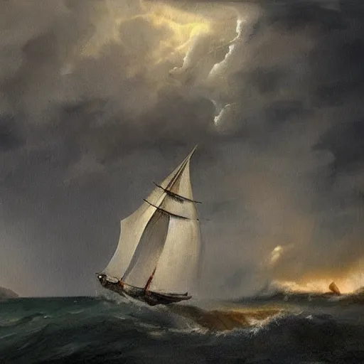 Image similar to stunning painting of a man holding the wheel on a schooner ship during a strong storm, epic concept art