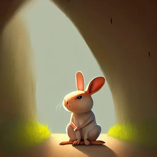 Prompt: Goro Fujita a portrait of an anthropomorphic rabbit entering the burrow, you can see all the passageways, painting by Goro Fujita, ArtStation