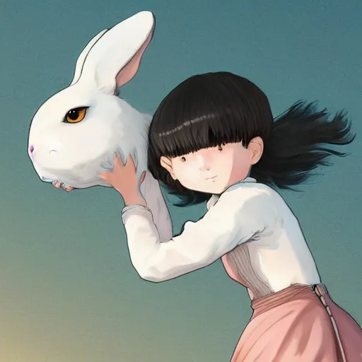 Image similar to a girl riding a giant white rabbit. the girl has short hair and black eyes. finely detailed face. digital art. in the style of miyazaki. 4 k. trending on artstation.