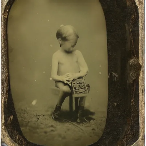 Image similar to tintype photo, boy rides a ant, underwater, jellyfish