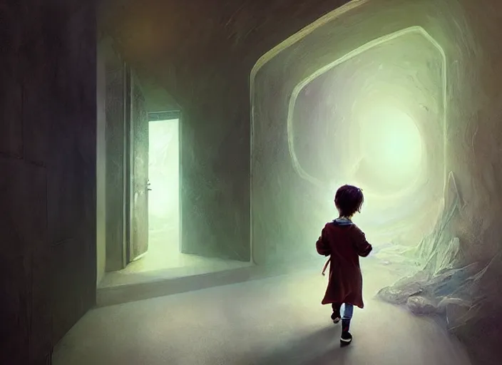 Image similar to a child walks through a hallway into dreams, fantastical surreal art, digital painting by dan volbert and mandy jurgens and deiv calviz and lim chuan shin
