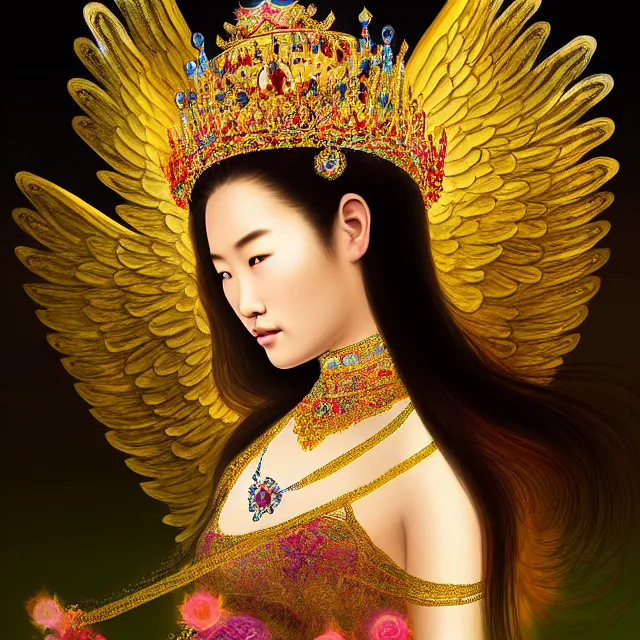 Image similar to beautiful asian mongolian princess goddess with angelic wings in a sensual pose, princess wearing a crown with gemstones, near lake baikal, atmospheric lighting, painted, intricate, volumetric lighting, beautiful, rich deep colours masterpiece, sharp focus, ultra detailed, in the style of bagshaw tom