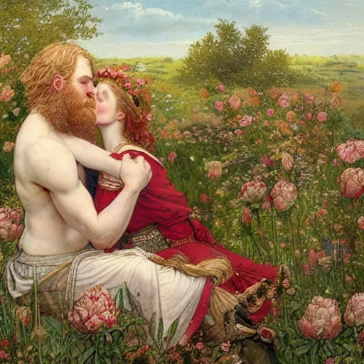 Image similar to a white skinned red bearded viking and an brown skinned princess kiss in a field of peonies, masterpiece, highly detailed, oil on canvas, art by rebecca guay