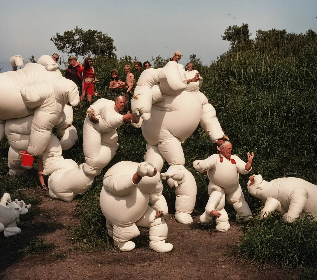 Image similar to a 3 5 mm photography, kodachrome colour of grandpas fighting with white michelin man costume, hippos and alien plants around, beach and sunset backlight, photos taken by martin parr with strong flash on camera