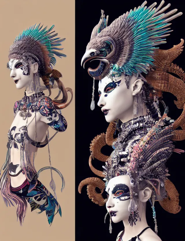 Image similar to 3 d goddess close - up profile portrait punk with mohawk with ram skull. beautiful intricately detailed japanese crow kitsune mask and clasical japanese kimono. betta fish, jellyfish phoenix, bio luminescent, plasma, ice, water, wind, creature, artwork by tooth wu and wlop and beeple and greg rutkowski