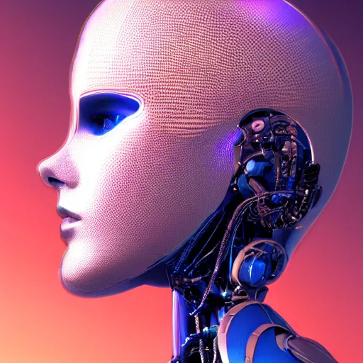 Image similar to profile view of a robot woman, artificial intelligence, sci-fi components, intricate wiring, digital holographic hair, concept art, digital painting, trending on ArtStation