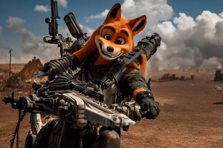 Image similar to nick wilde, heavily armed and armored facing down armageddon in a dark and gritty reboot from the makers of mad max : fury road