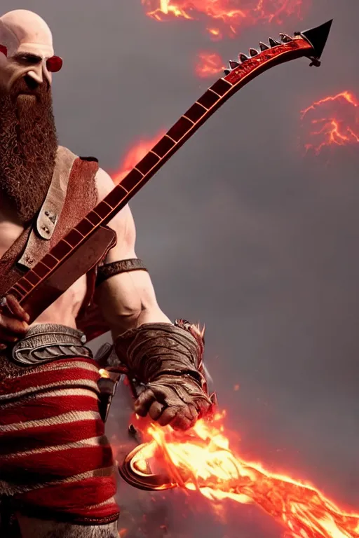 Prompt: sunglasses wearing kratos rocking out on a flaming stratocaster axe, cinematic render, god of war 2 0 1 8, playstation studios official media, lightning, flames, red stripe