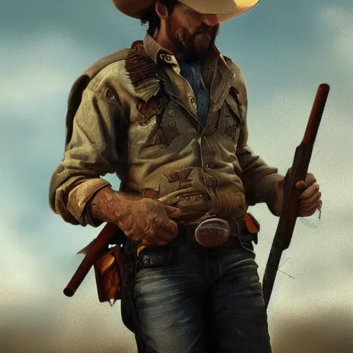 Image similar to a last stand of a cowboy, DeviantArt, art station, illustration, highly detailed, artwork, cinematic, hyper realistic