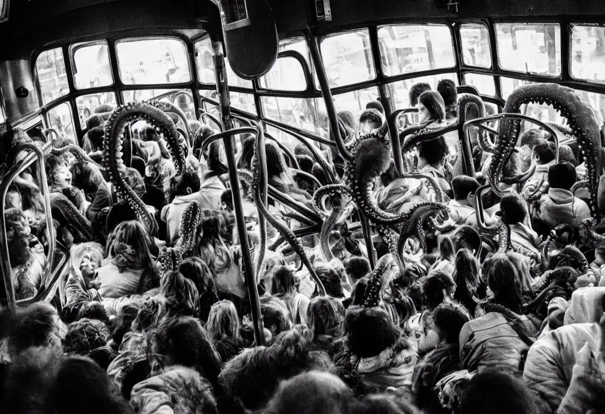 Image similar to photo of a interior of a crowded bus, there is a huge monster octopus trying to break in, octopus beak, tentcles creeping in thrugh the windows and gaps, people are scared and screaming while trying to flee through the windows, 1 6 mm lens,