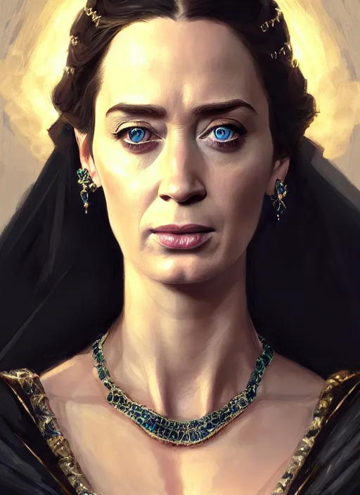 Prompt: portrait of emily blunt as beautiful queen, jewelry, greek, dark, victorian age, 1 8 9 0, intricate, headshot, key visual, conceptart, ambient lighting, highly detailed, digital painting, artstation, concept art, sharp focus, by makoto shinkai and akihiko yoshida and greg manchess