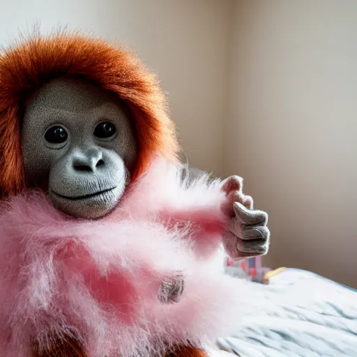 Prompt: an orangutan holding a stuffed grey bunny, in a girls bedroom, wearing makeup and lipstick, wearing a big fluffy pink dress, 24mm