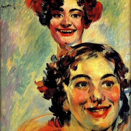 Prompt: representation of a young woman with a happy face in the year 1917 by Lovis Corinth, a German artist