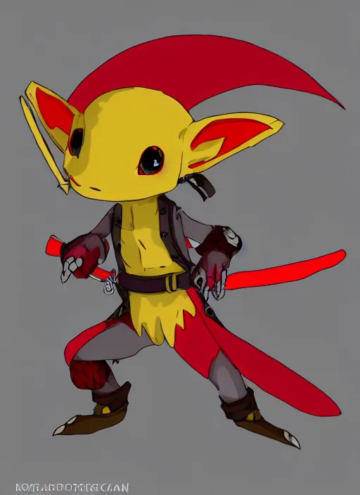 Prompt: anime grey and red kobold swashbuckler with yellow eyes and small wings, full body, anime style, anime