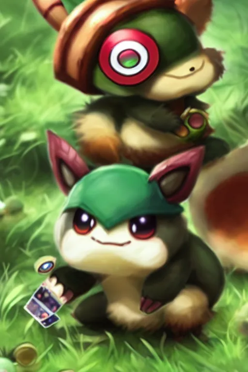 Image similar to teemo, a pokemon trading card of teemo, highly detailed pokemon trading card screenshot