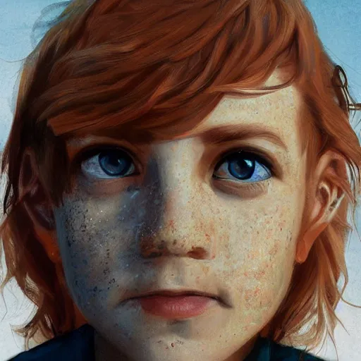 Prompt: face portrait of a boy with red hair and freckles, blue eyes, a long nose, highly detailed, digital art