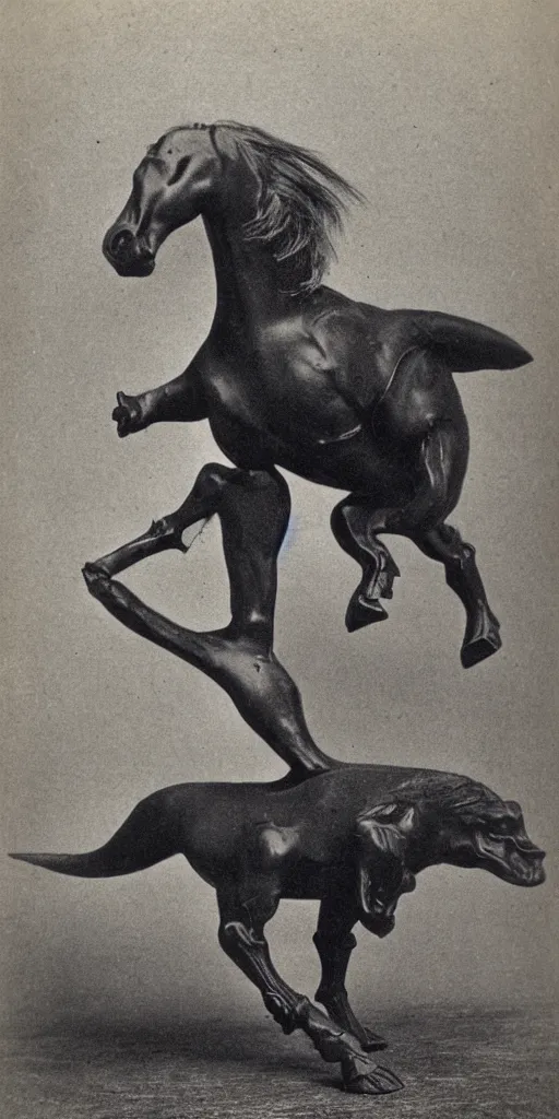 Prompt: [ [ t rex ] ] and a horse with leg heel, walk, movement, soft, black and white, photograph, 1 8 5 0 s