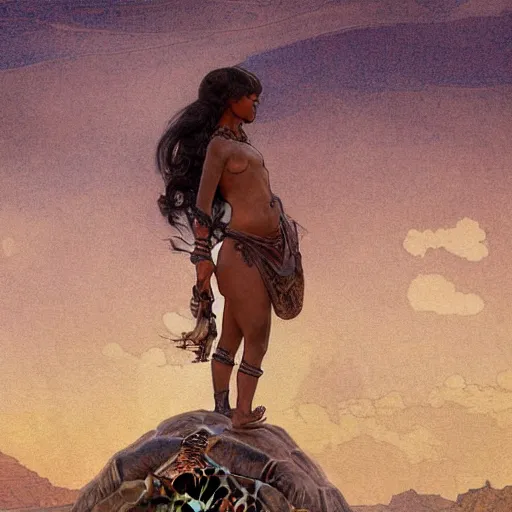 Prompt: a little warrior girl sitting on top of a giant turtle that is walking in the desert, seen from a distance. the girl is fully visible and has dark skin, realistic full body and a very beautiful detailed face with long black hair. diffuse light, dramatic sky and landscape, fantasy illustration by mucha