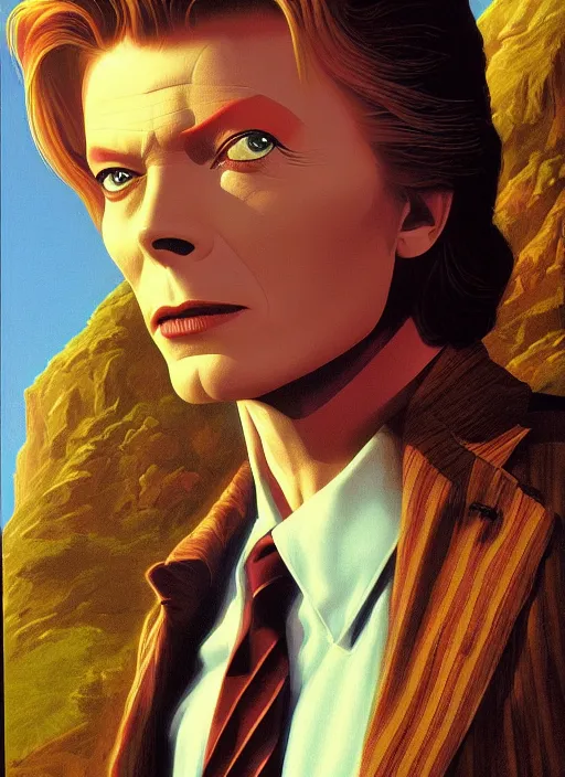 Image similar to twin peaks poster art, portrait of david bowie arriving in tweak peaks, by michael whelan, rossetti bouguereau, artgerm, retro, nostalgic, old fashioned, 1 9 8 0 s teen horror novel cover