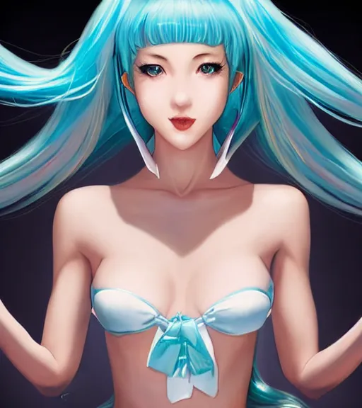 Prompt: Beautiful Hatsune miku by artgerm, magali villeneuve, Gil Elvgren, Earl Moran, Enoch Bolles, symmetrical shoulders