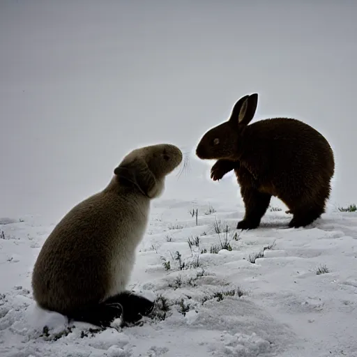 Prompt: Award Winning photo Bear plays with Rabbits in snow in the mexican desert