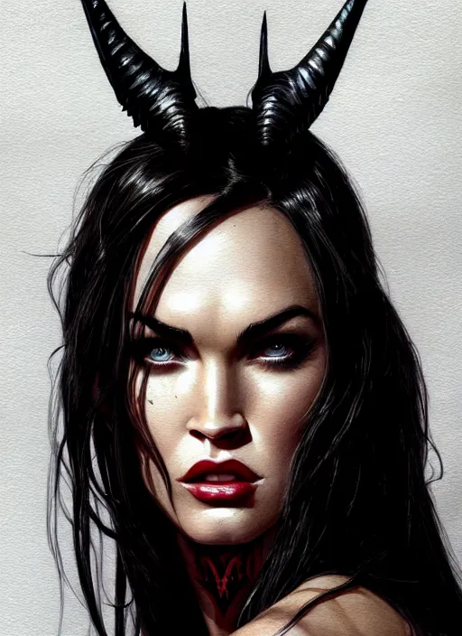 Image similar to portrait of megan fox as a evil demon, hornes, batwings, hell, jewelry, greek, dark, intricate, headshot, key visual, conceptart, ambient lighting, highly detailed, digital painting, artstation, concept art, sharp focus, by makoto shinkai and akihiko yoshida and greg manchess