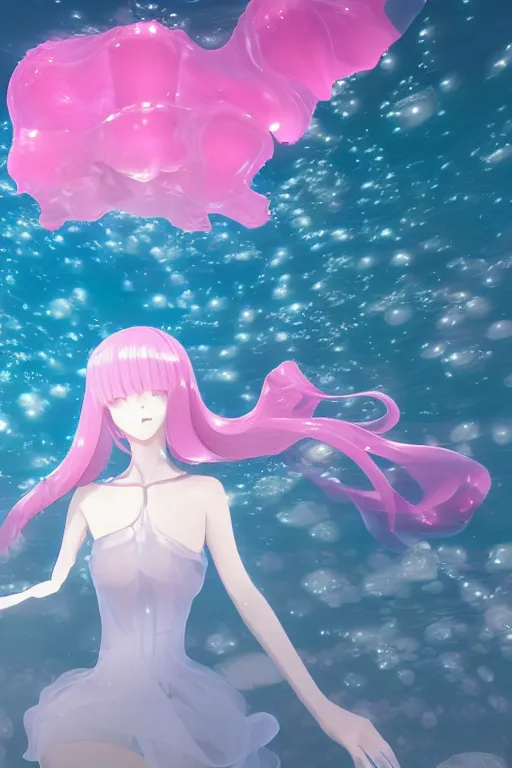 Image similar to 3D CG anime Land of the Lustrous Houseki no Kuni character Ventricosus translucent very pink jelly woman with thick chest size and pink transparent dress frills floating at the bottom of the ocean near the surface, sun rays shine through the water, beautiful composition, 3D render, cel shaded, 8k, key visual, made by Haruko Ichikawa, Makoto Shinkai, studio Ghibli, Kyoto Animation