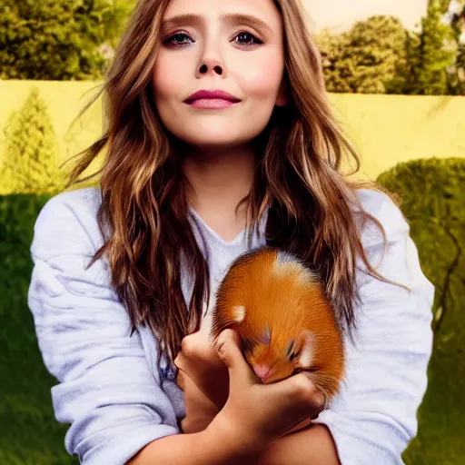 Image similar to Elizabeth Olsen holding a guinea pig in her hands, photorealistic, 4k, 8k, trending on artstation